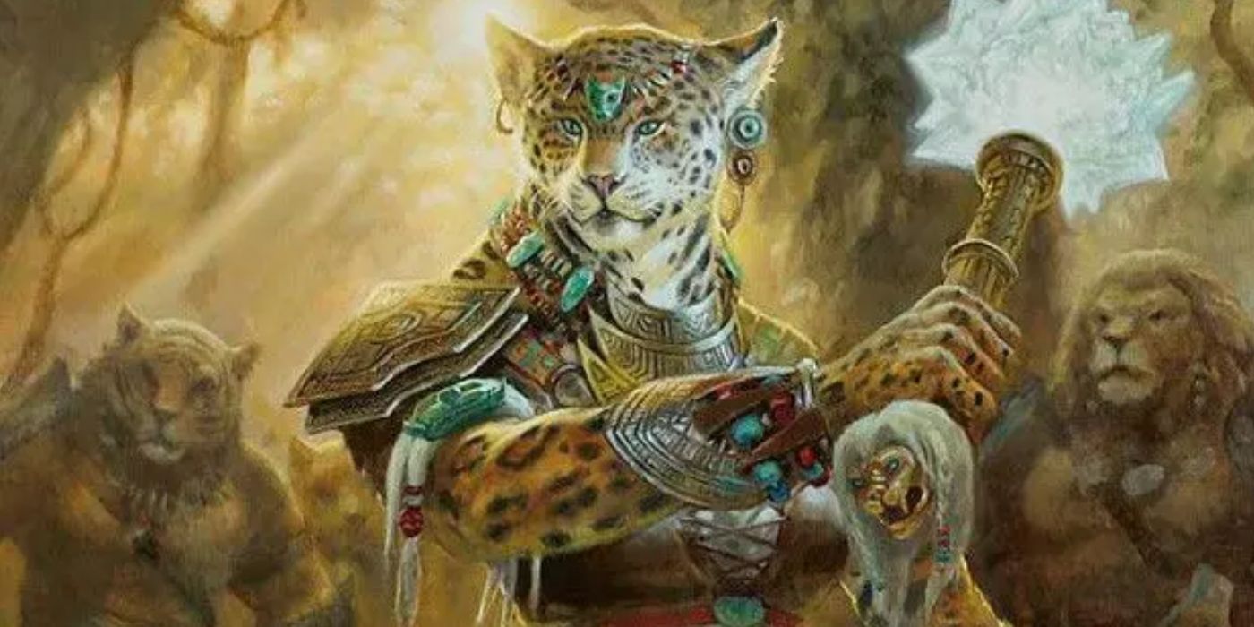humanoid cat man holding a strange weapon
