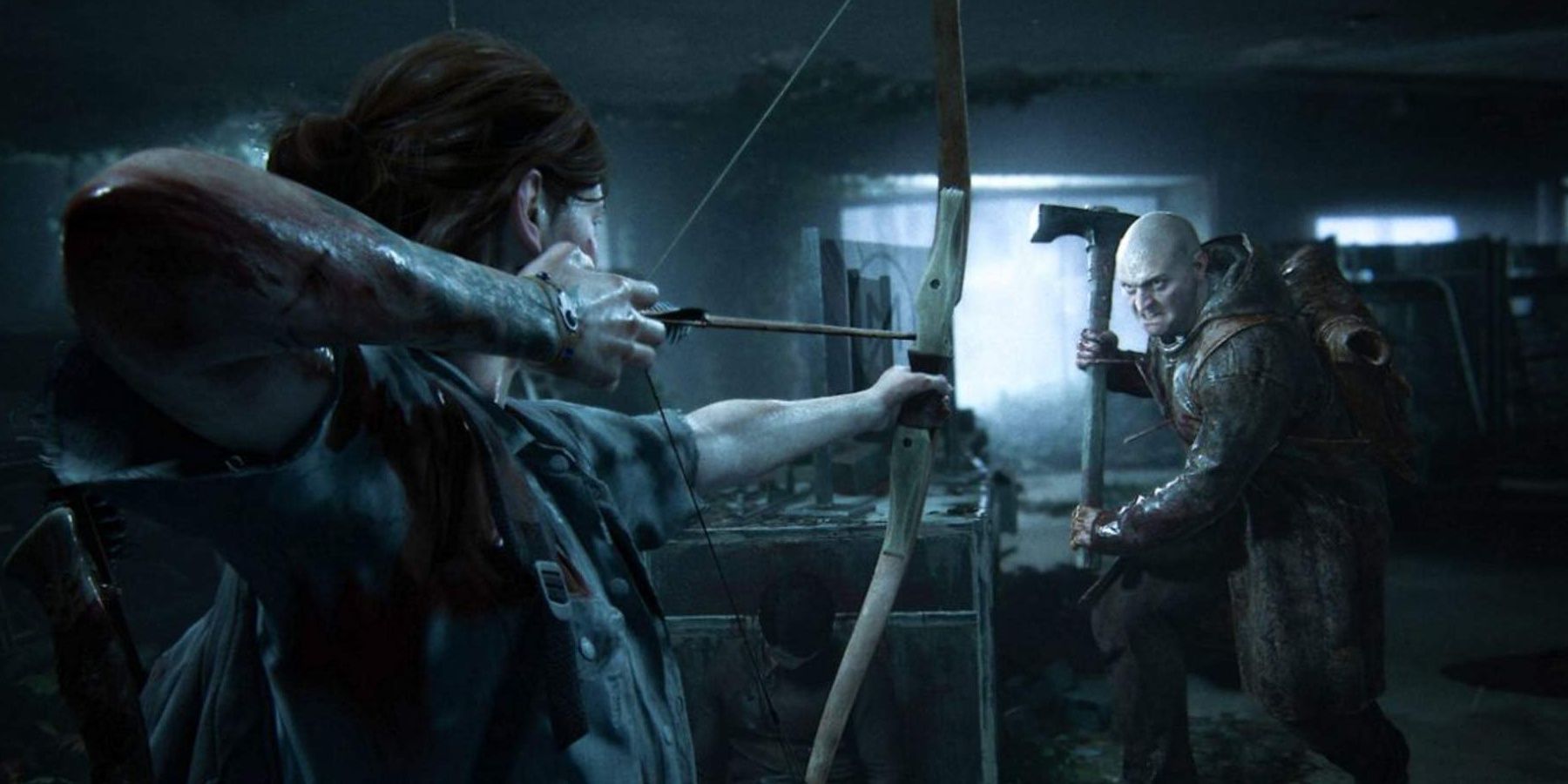 Ellie drawing her bow on an enemy in The Last of Us Part II