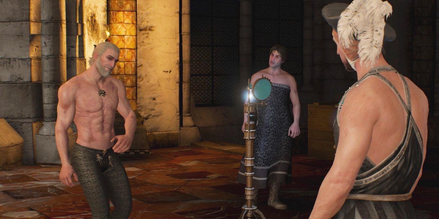 The Witcher 3 Geralt, Lambert, and Eskel put on Yennefer's clothes
