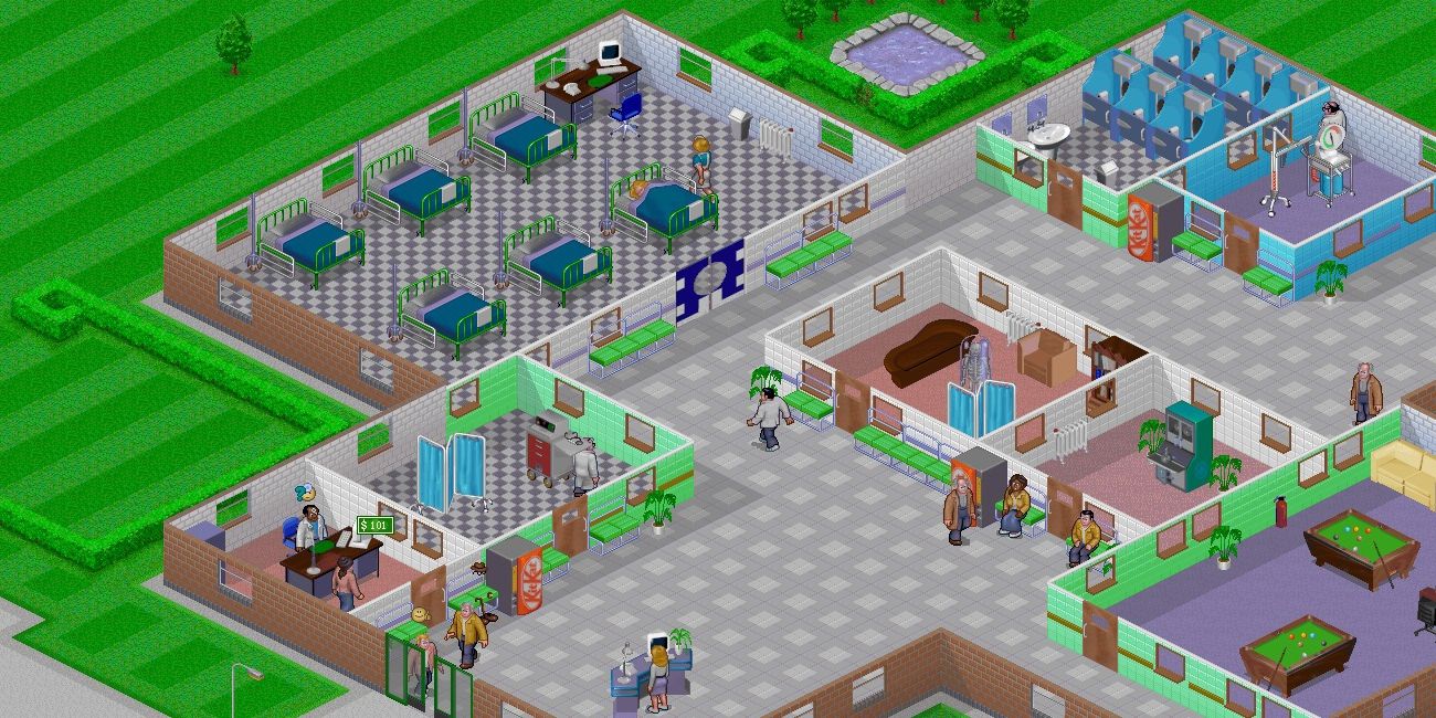 theme hospital top down view of hospital with staff and patients