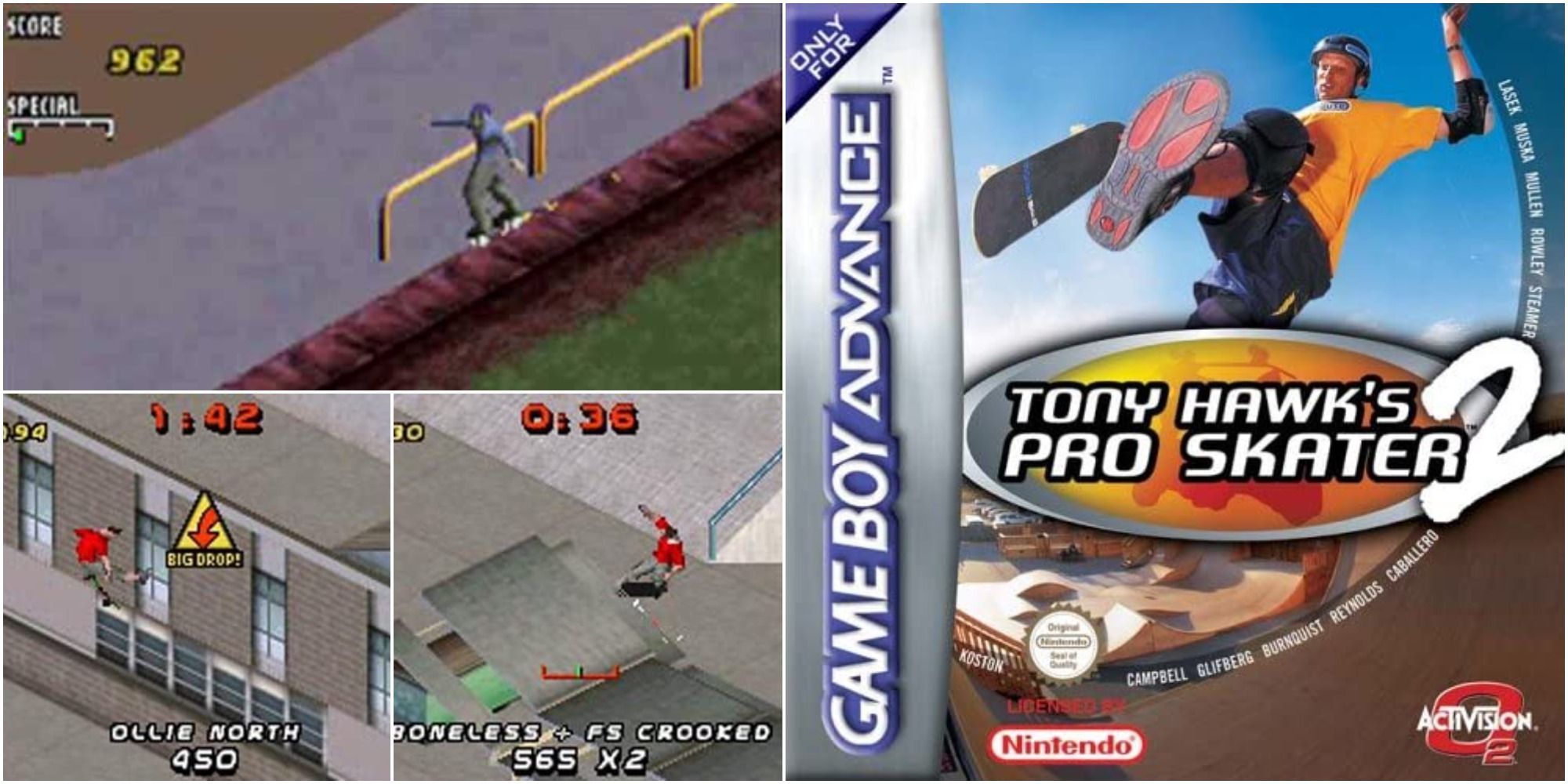 Tony Hawk's Pro Skater 2 on the Game Boy Advance, screenshot and cover split.