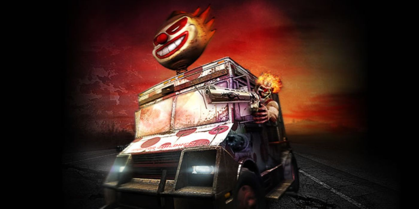 Twisted Metal character Sweet Tooth drives his ice cream truck woth his gun in hand ready for some mayhem