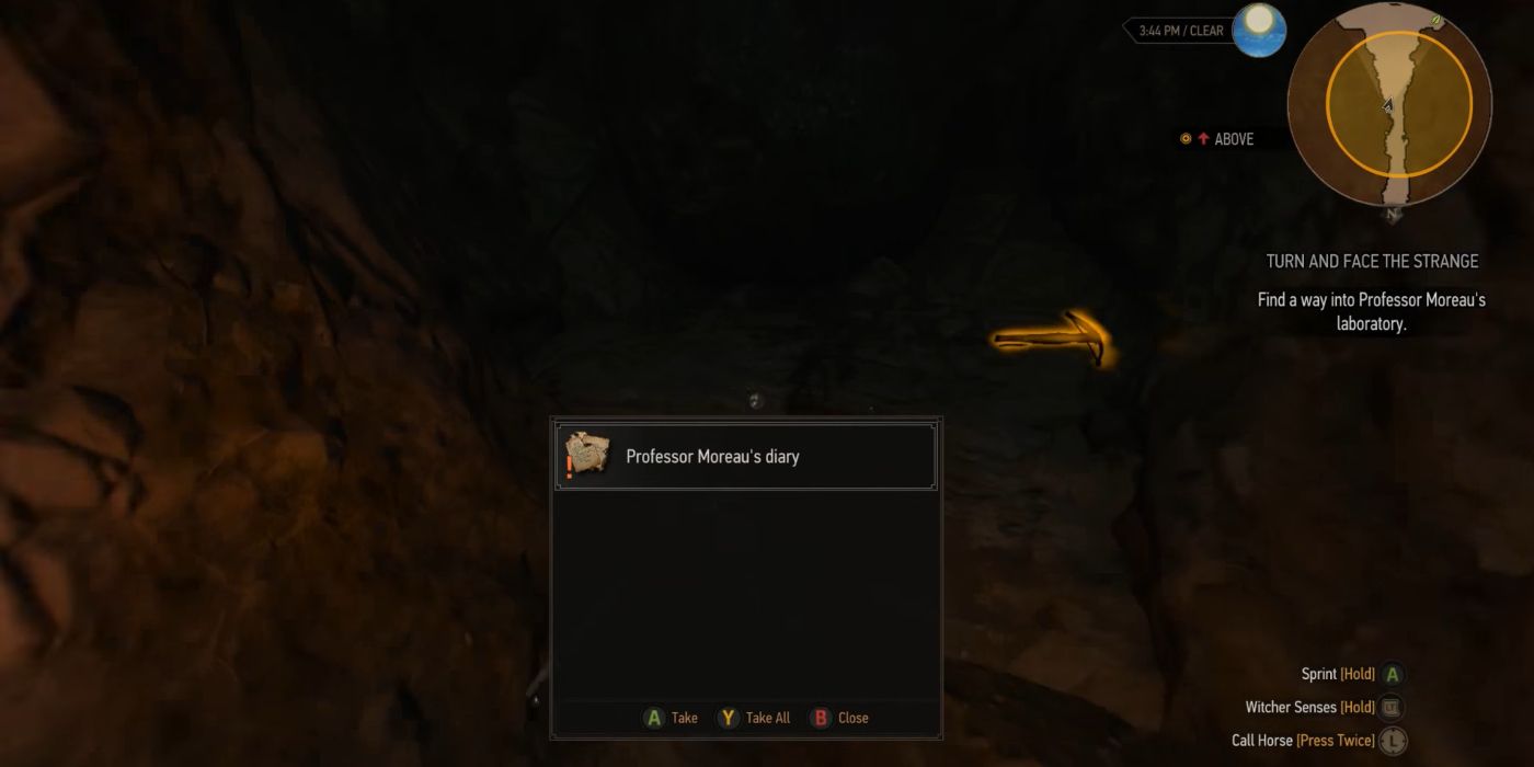 Witcher 3 Screenshot Of Geralt Picking Up Professor Moreau Diary