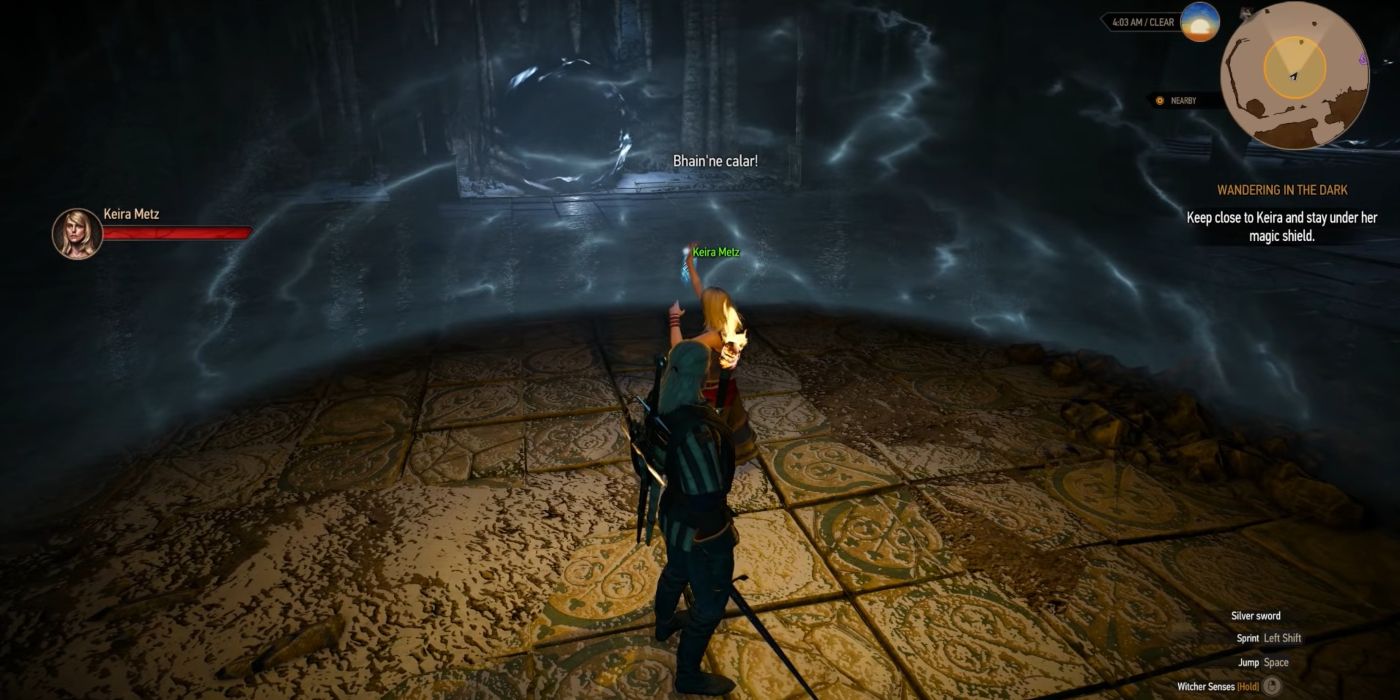 Witcher 3 Screenshot Of Geralt Hiding Under Keira's Shield