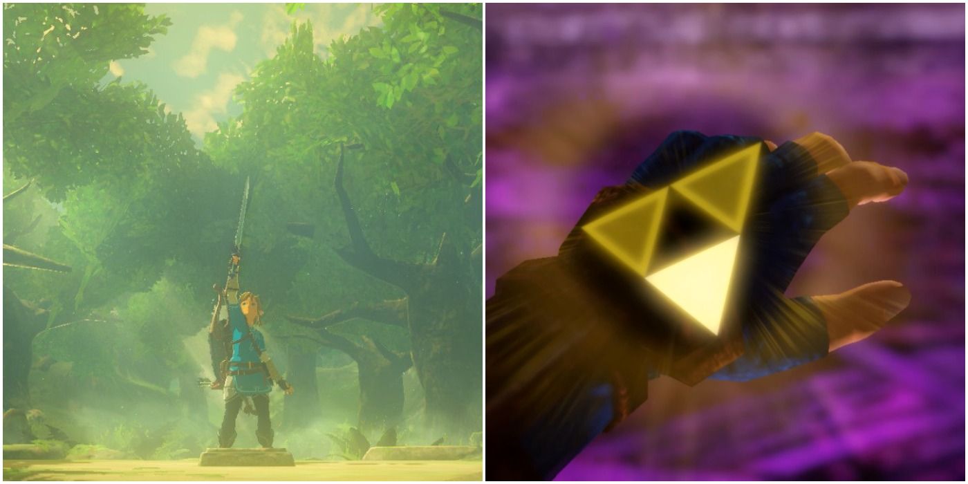 Link pulling out the Master Sword in Breath of the Wild and the Triforce of Courgae resonating in Twilight Princess
