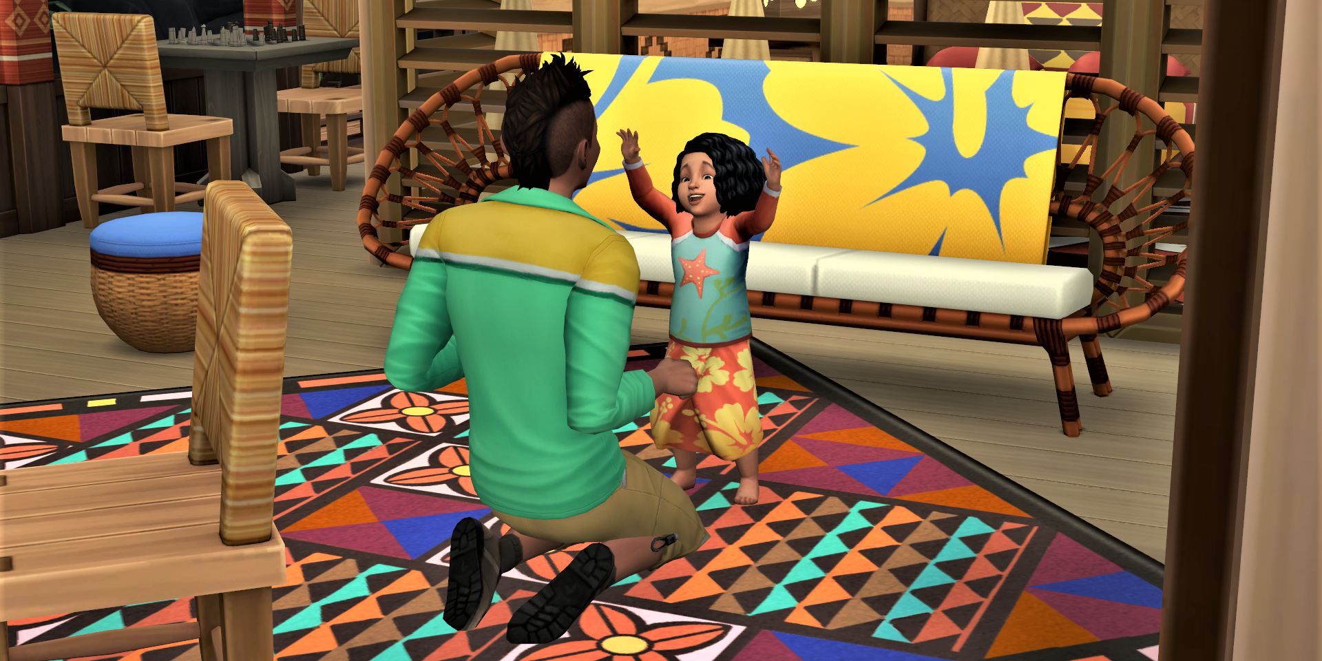 The Kealoha household from The Sims 4 Island Living - Makoa is working on Nani's Character Values
