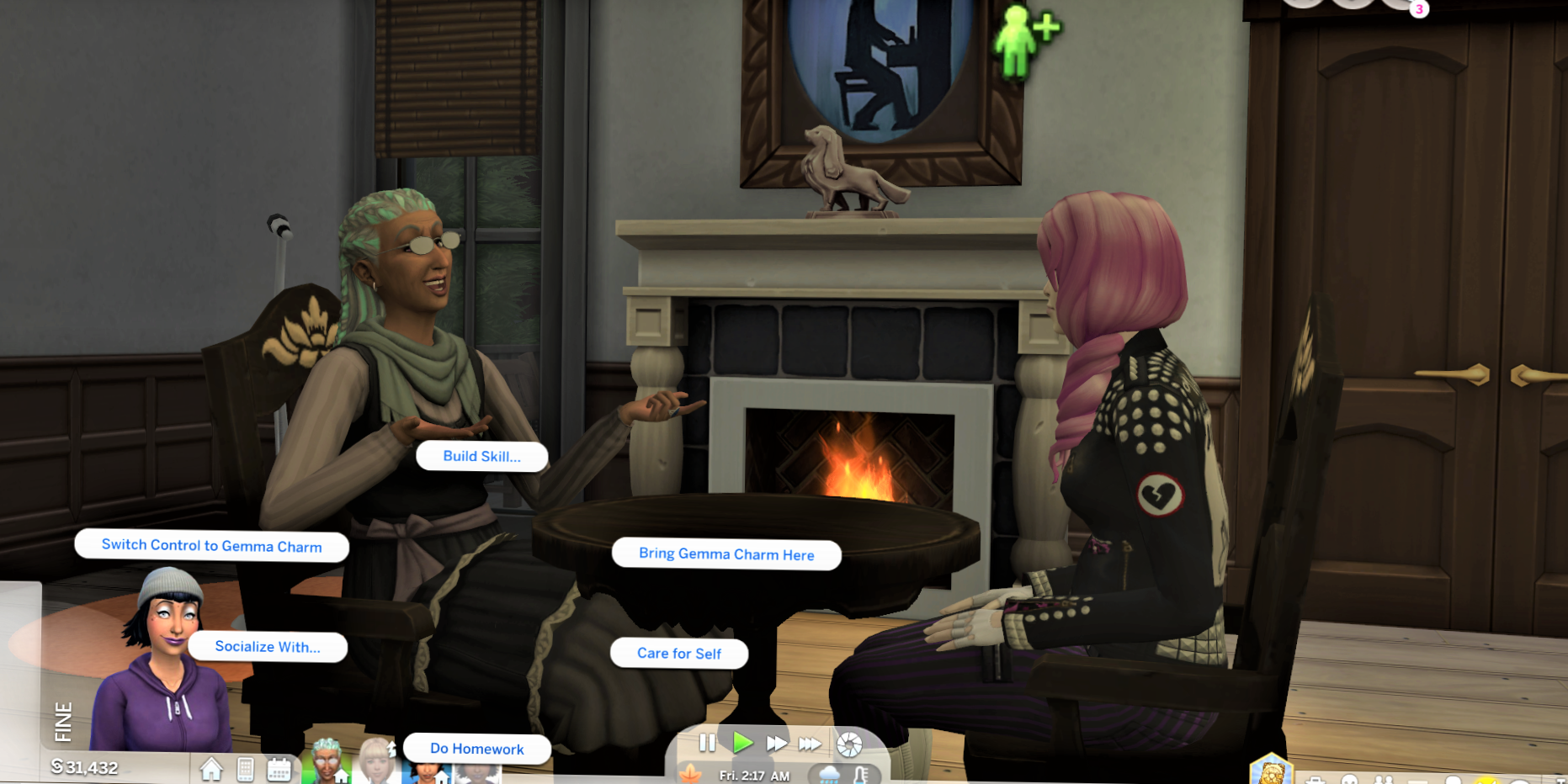 Two Sims in Glimmerbrook (from Realm of Magic) talking at the bar