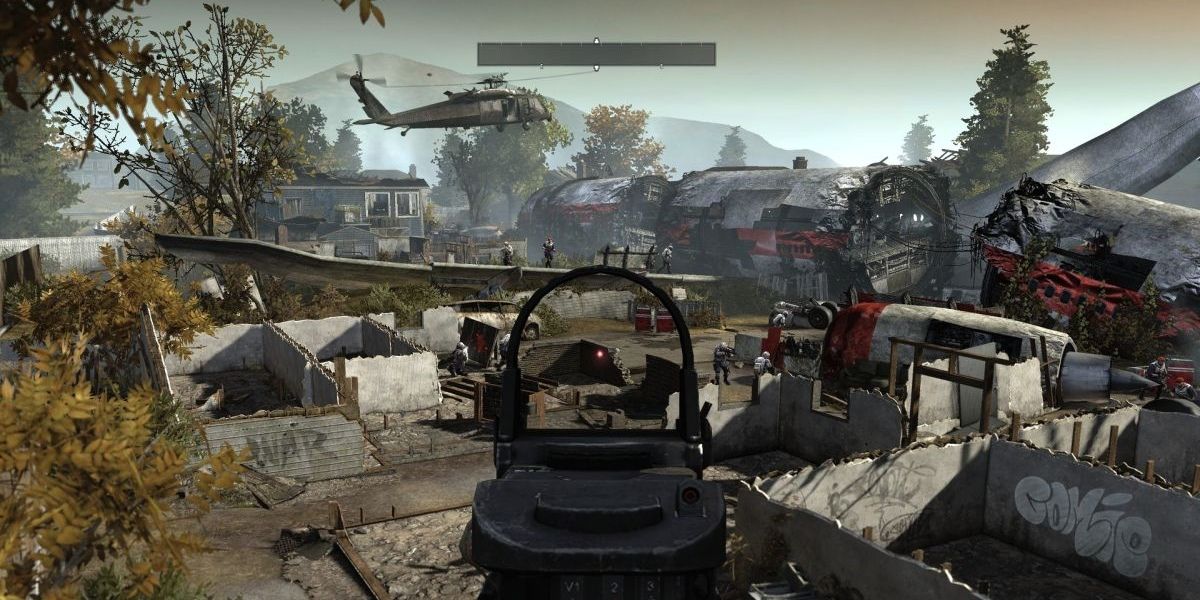 Gun scope with view of helecopter and some ruins.
