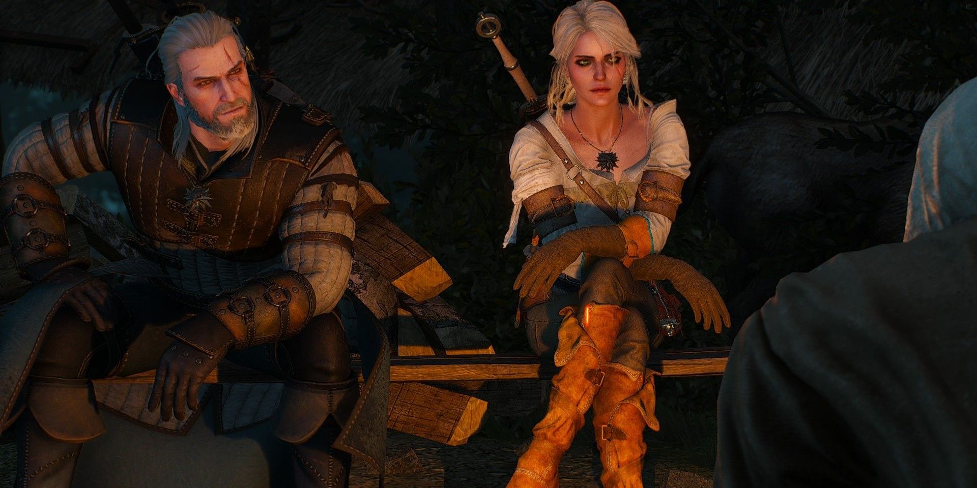 The Witcher Ciri Geralt feature Geralt and Ciri sit by the fire
