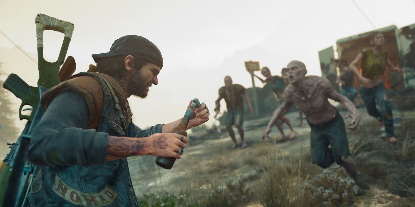 A screenshot showing Deacon lighting a molotov cocktail in front of a group of Freakers in Days Gone