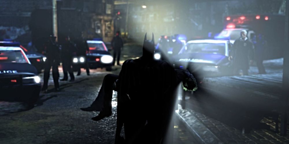 The ending of the game, where Batman carries Joker out of Akrham City.