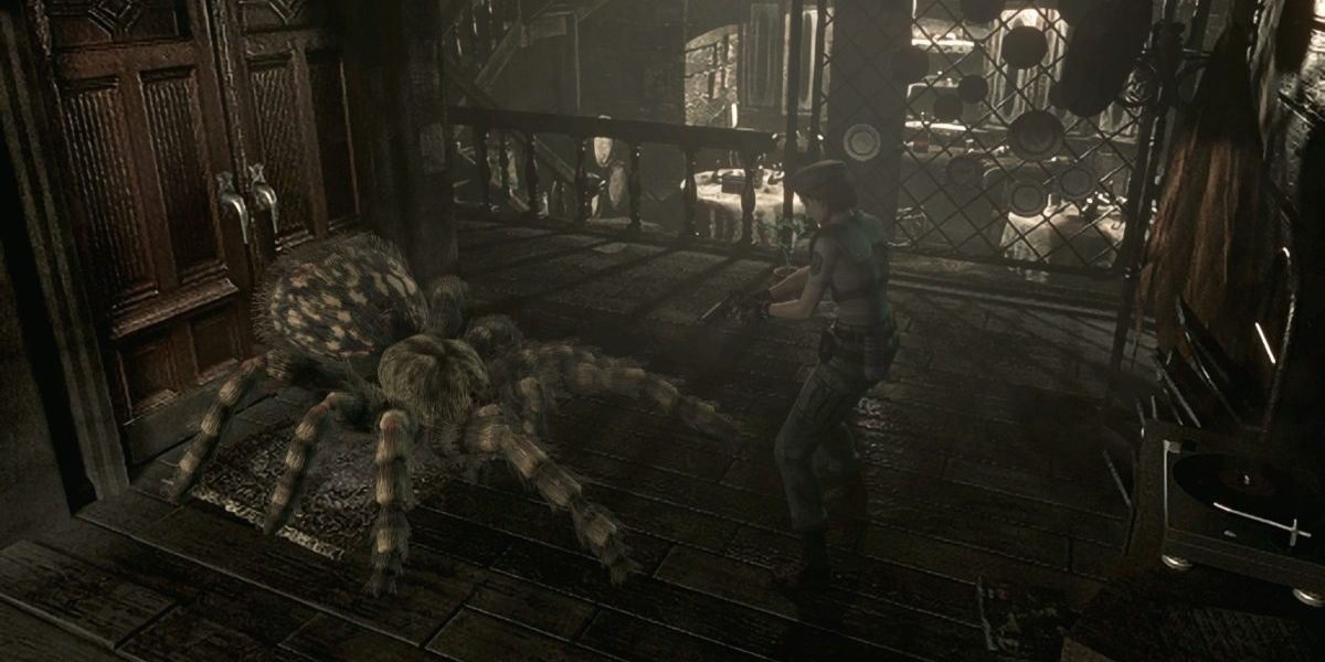 Jill Valentine fights with a Web Spinner in the Spencer Mansion.