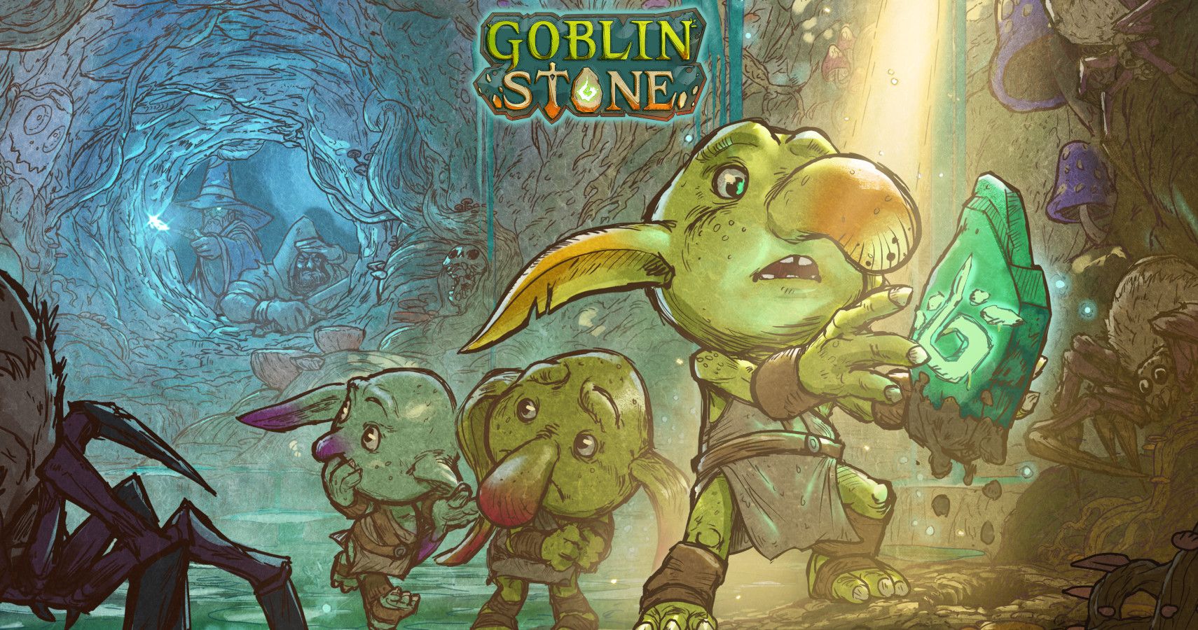 concept art showing some goblins nervously discovering a stone with a glyph on it
