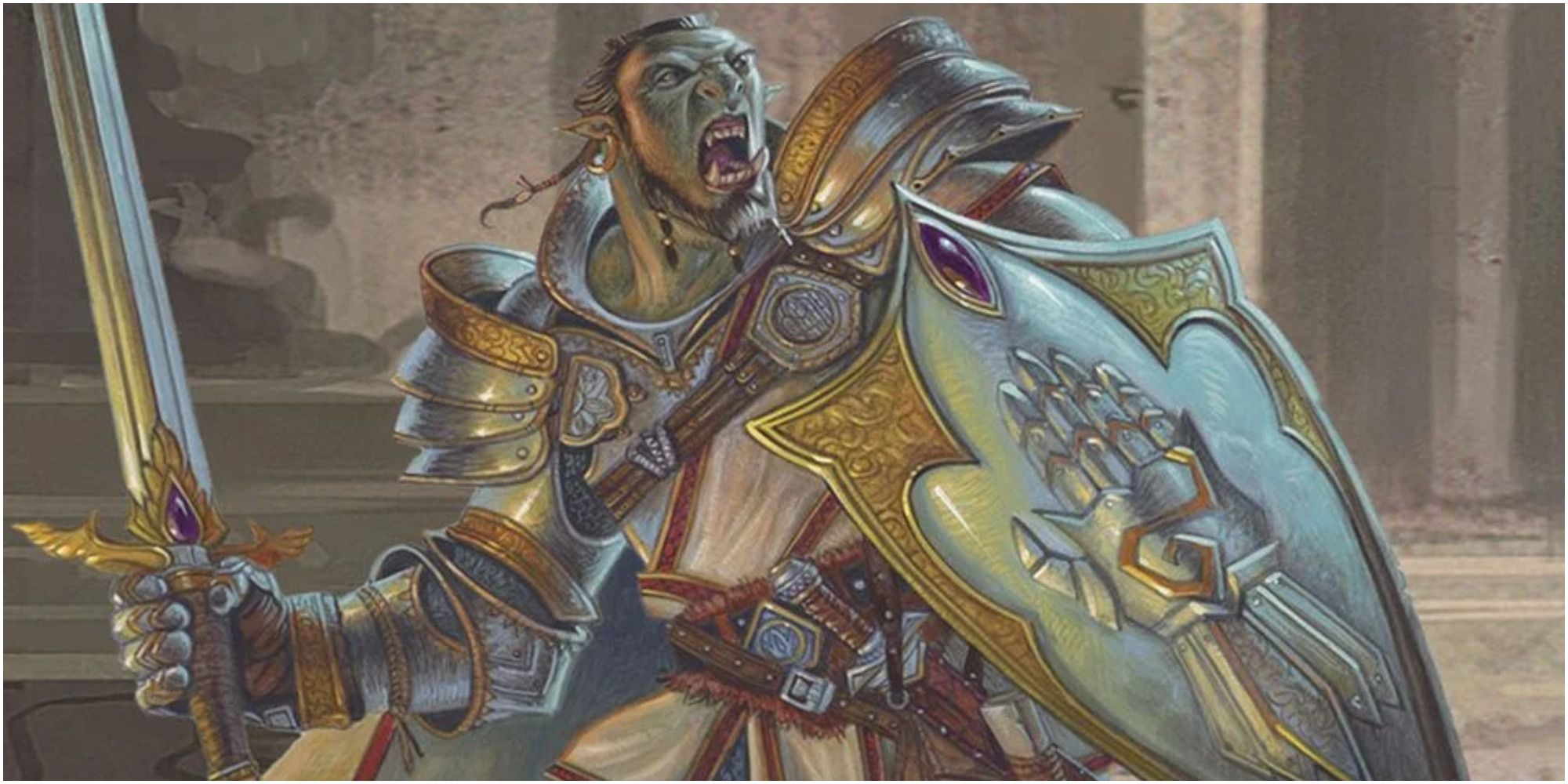 Dungeons & Dragon half orc paladin holding large sword with a shield while letting out a battle cry