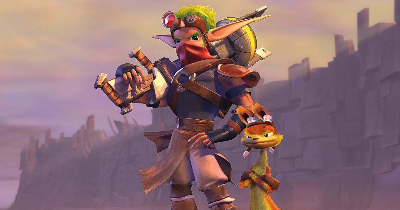 jak and daxter in the wasteland. jak has his morph gun over his shoulder and daxter is standing with his arms crossed