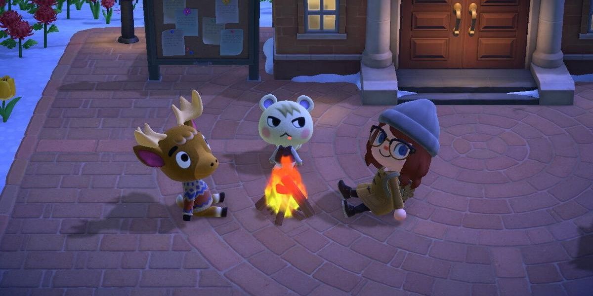 Marshal sitting beside a campfire in Animal Crossing: New Horizons