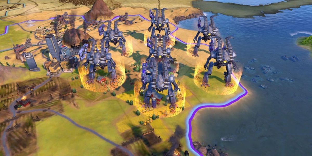 Seven giant death robots line up next to a city in Civilization 6