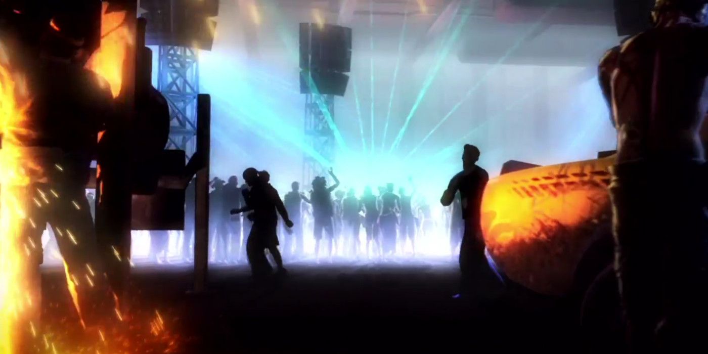 a rave in an aircraft carrier. SParks fly on cars being fixed while people party against a laser backdrop in the background