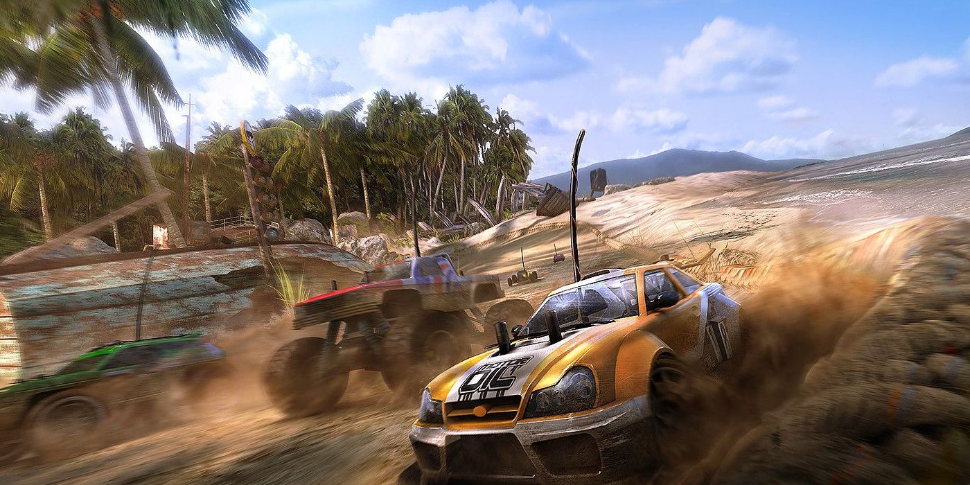 motorstorm rc concept art where a small rally car and monster truck race on a tropical beach