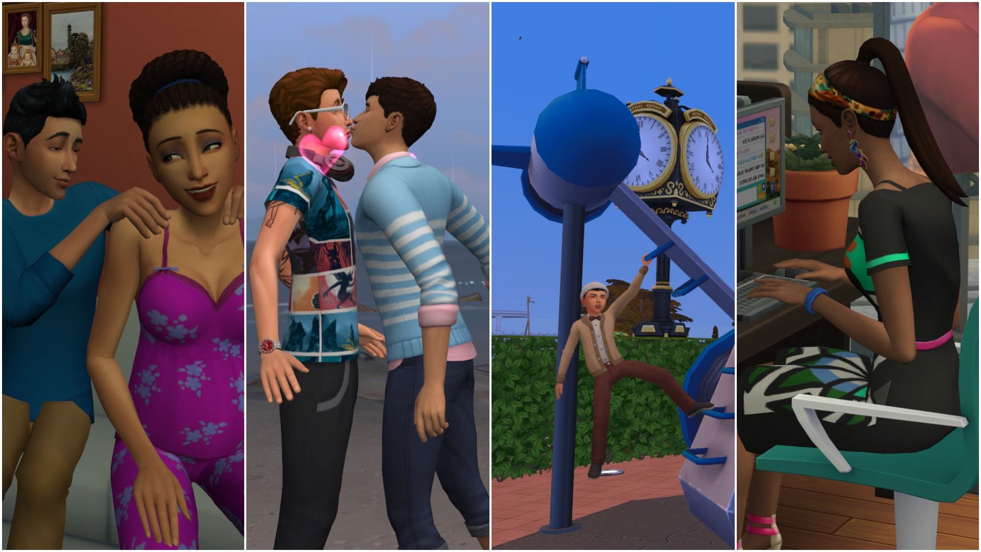 The Sims 4 collage with Sims flirting, talking, playing, and using computers