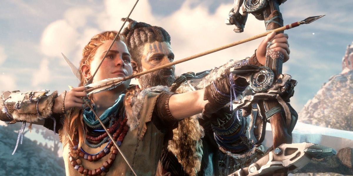 Aloy about to shoot an arrow