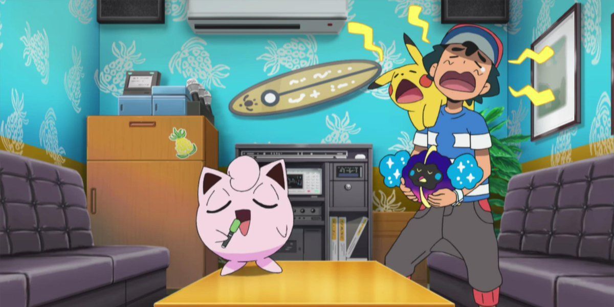 A screenshot of the Pokemon anime, showing Jigglypuff singing while Ash and Pikachu snooze