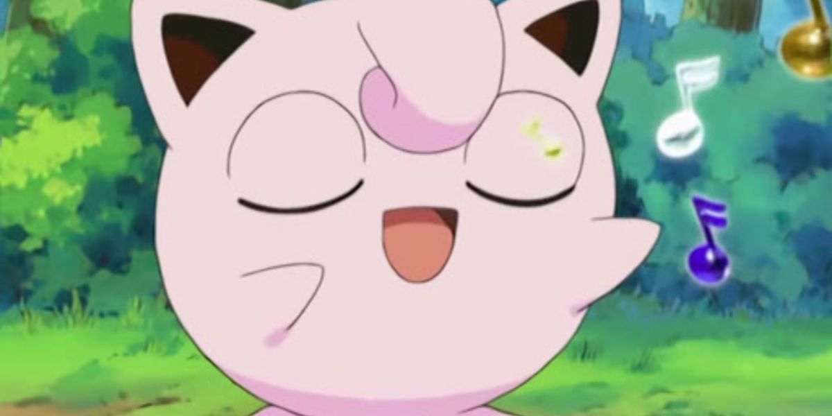 Pokemon Jigglypuff Singing A Song with eyes closed.