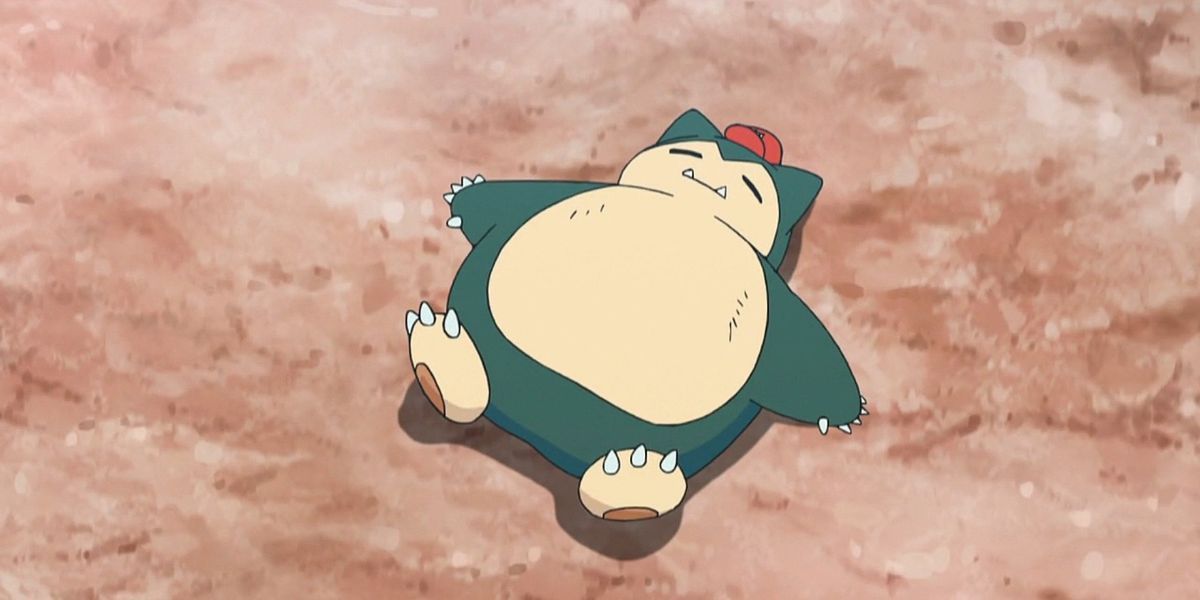 An exhausted Snorlax sleeping on the pavement in the Pokemon anime