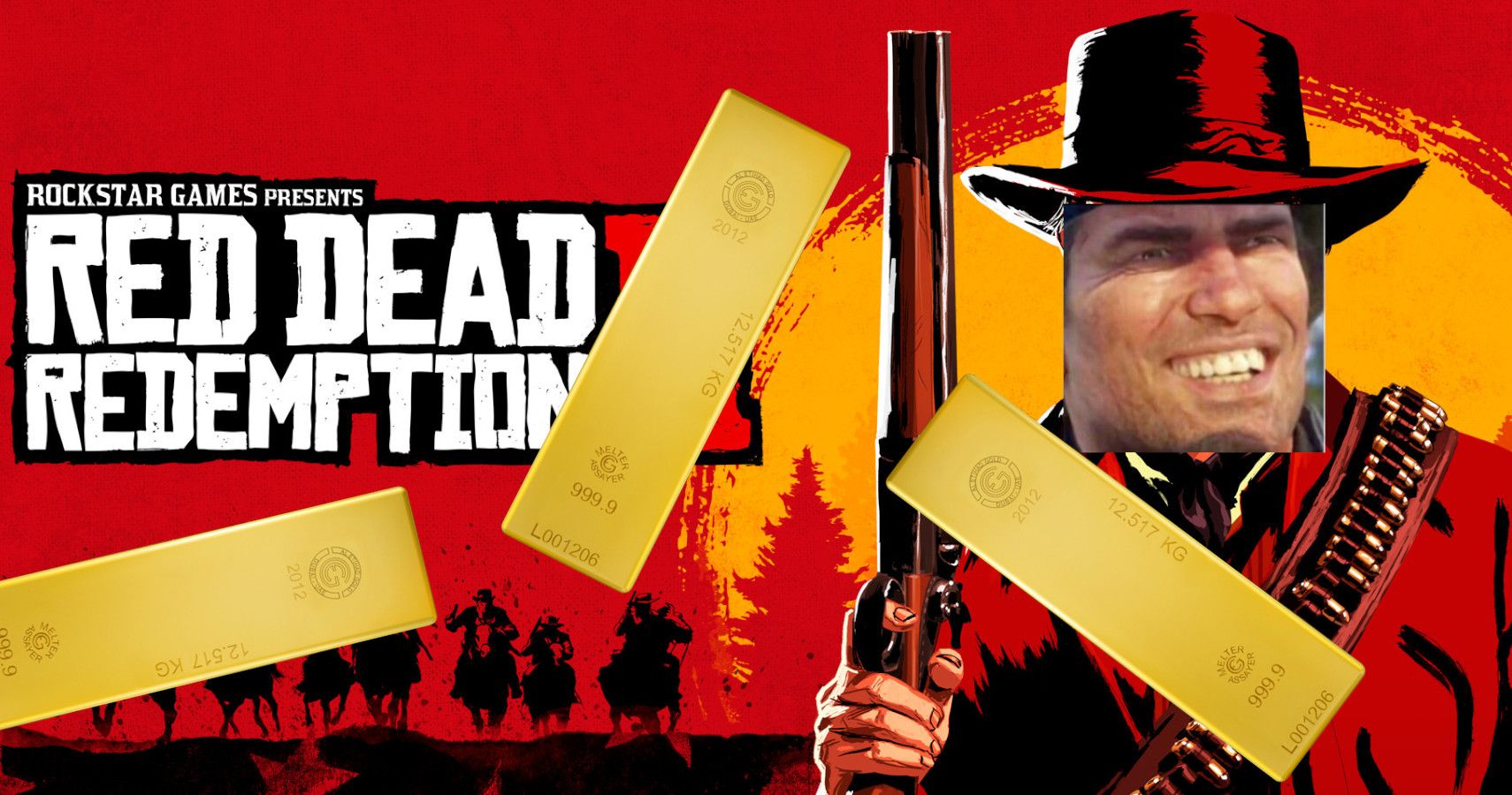 arthur from red dead photoshopped onto the game's art with gold bars around him