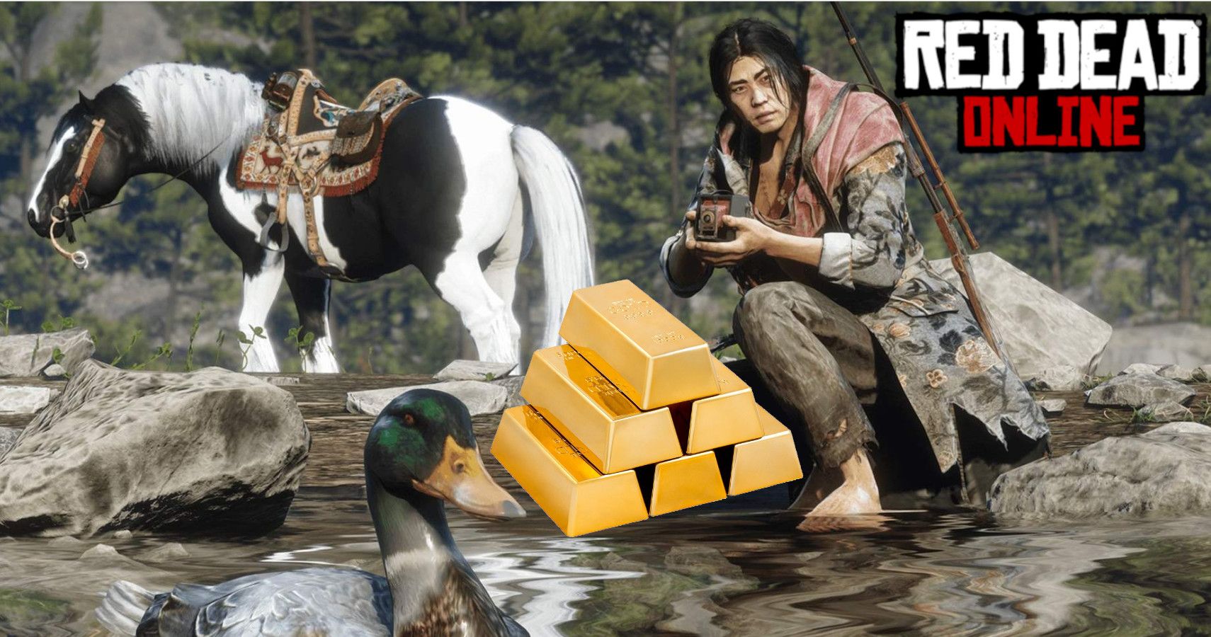 someone hunting a duck in a river with a pile of gold bars in it