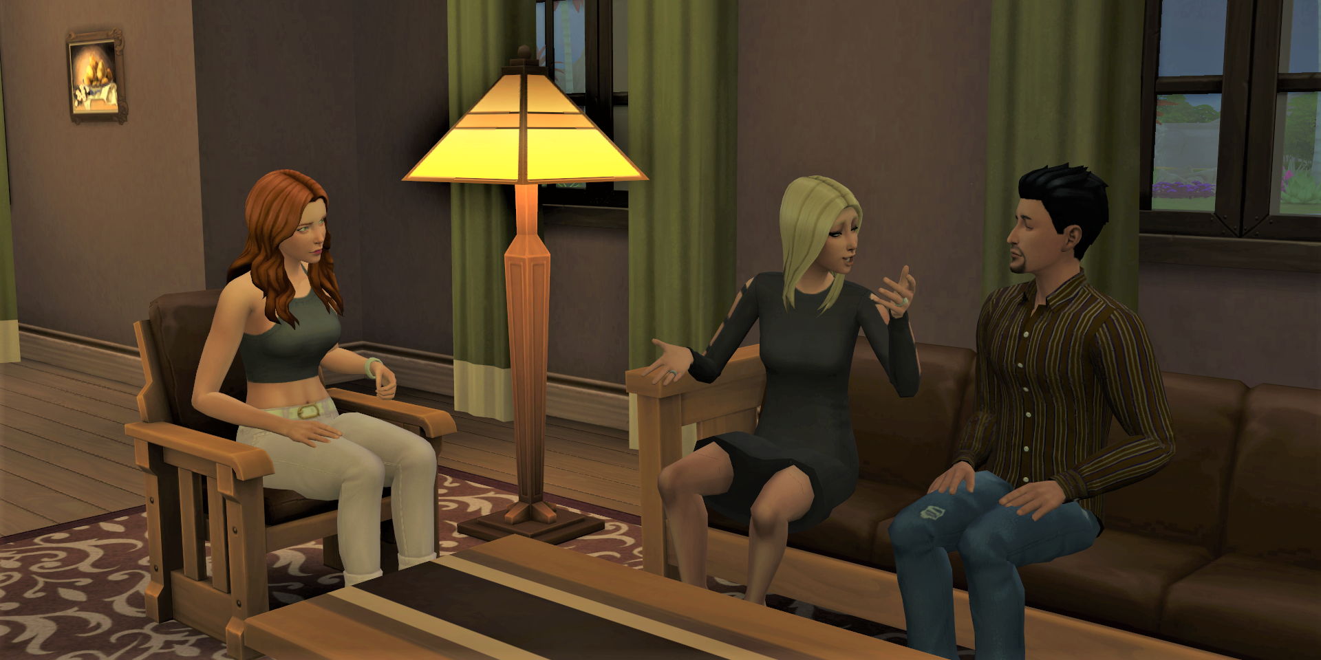 Dina and Nina Caliente talk to Don Lothario in their Oasis Springs home in The Sims 4