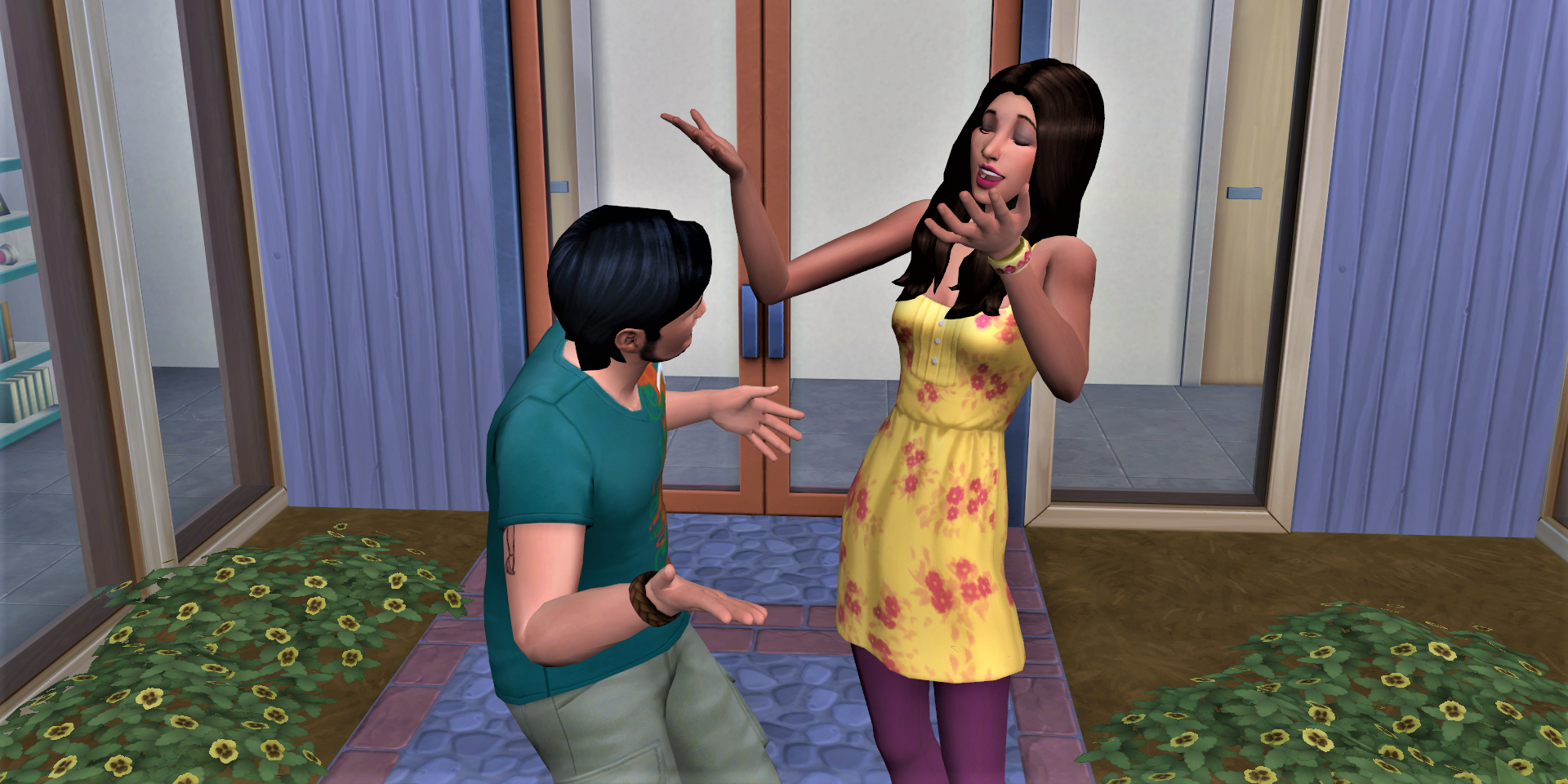 Two members of the Roomie household chatting in The Sims 4