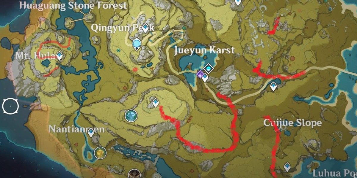 Genshin Impact: Cor Lapis farming route shown on the map around Liyue and Jueyun Karst