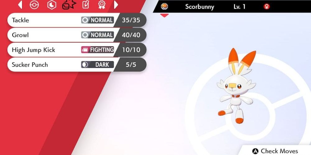 Screenshot of a Scorbunny's move set.