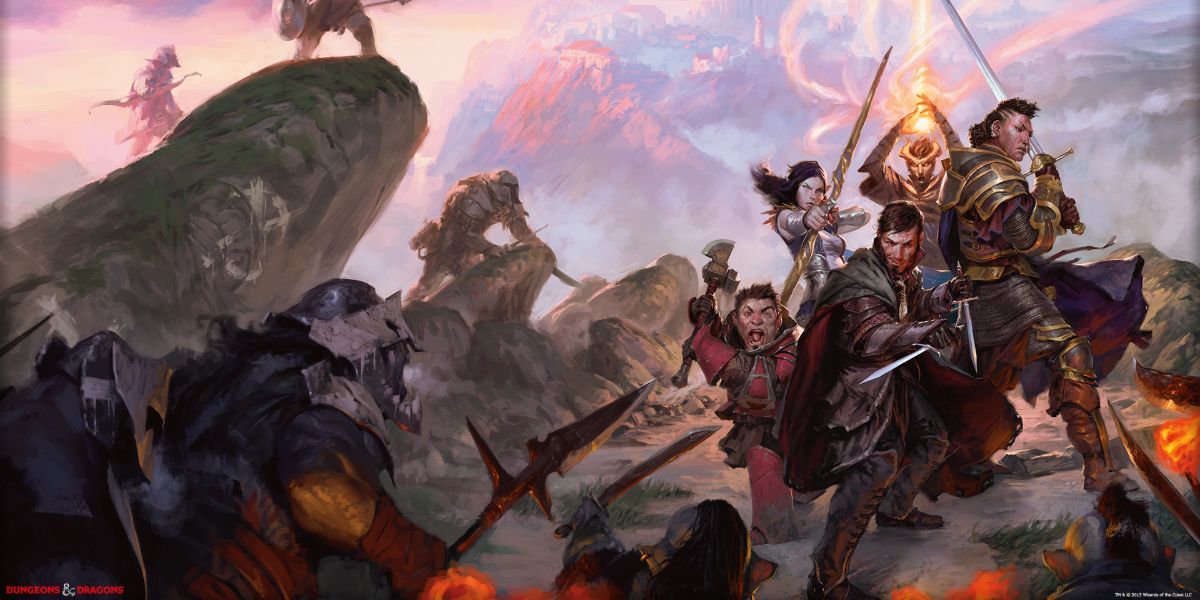 Dungeons and Dragons Five Characters Wielding Weapons Swarmed By Orcs