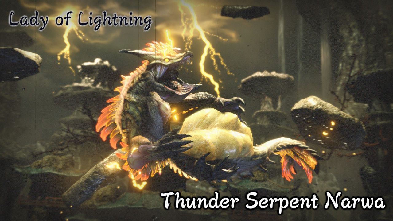 Thunder Serpent Narwa in Monster Hunter Rise. A large snake-like dragon in front of a lightning storm, captioned "Lady of Lightning: Thunder Serpent Narwa"