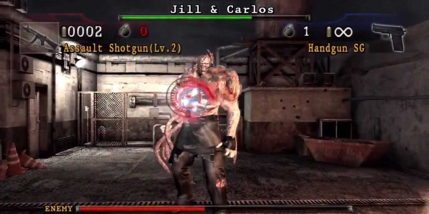 Screenshot of the rail-gun play screen of Umbrella Chronicles during the Nemesis scenario, where you play as Jill and Carlos.