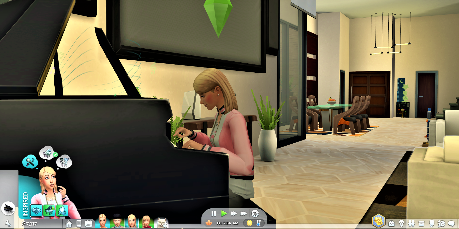 Sofia Bjergsen playing the piano in The Sims 4, with the UI visible on-screen
