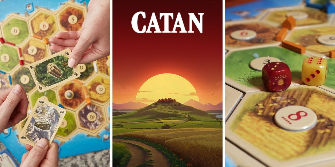 A split feature card with three images: two players exchanging cards; the catan logo; and two catan dice sitting on the board.