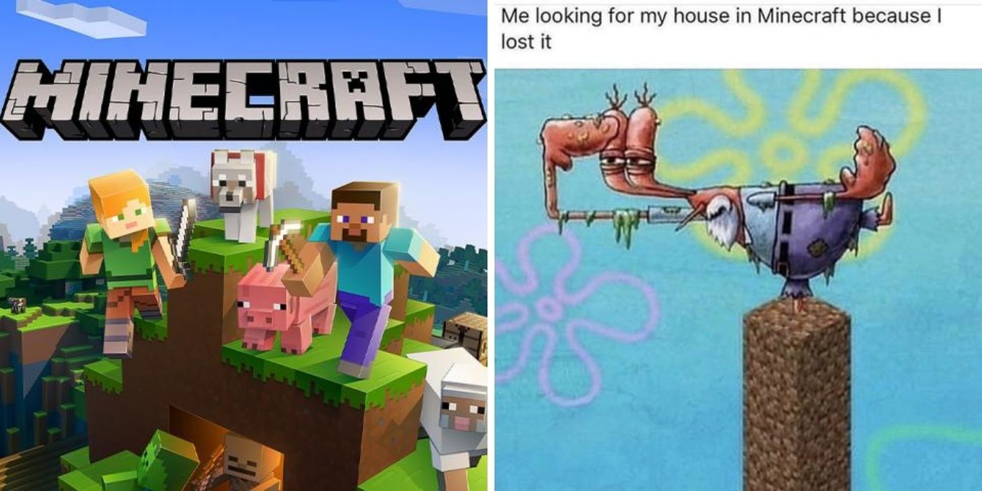 Split Image, Title Card of Minecraft On Left, Minecraft Meme About Looking For Your House On Right