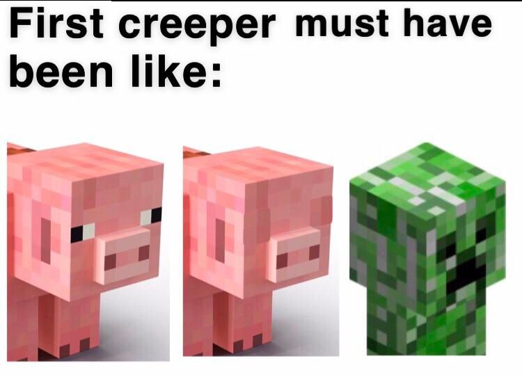 Minecraft Meme of A Pig Blinking And Turning Into A Creeper