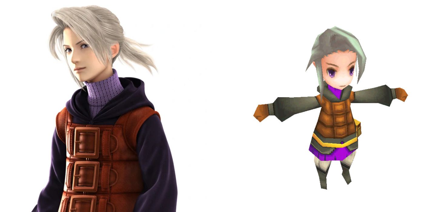 Luneth from Final Fantasy 3 in his 3d rendered full CGI form and model next to each other.