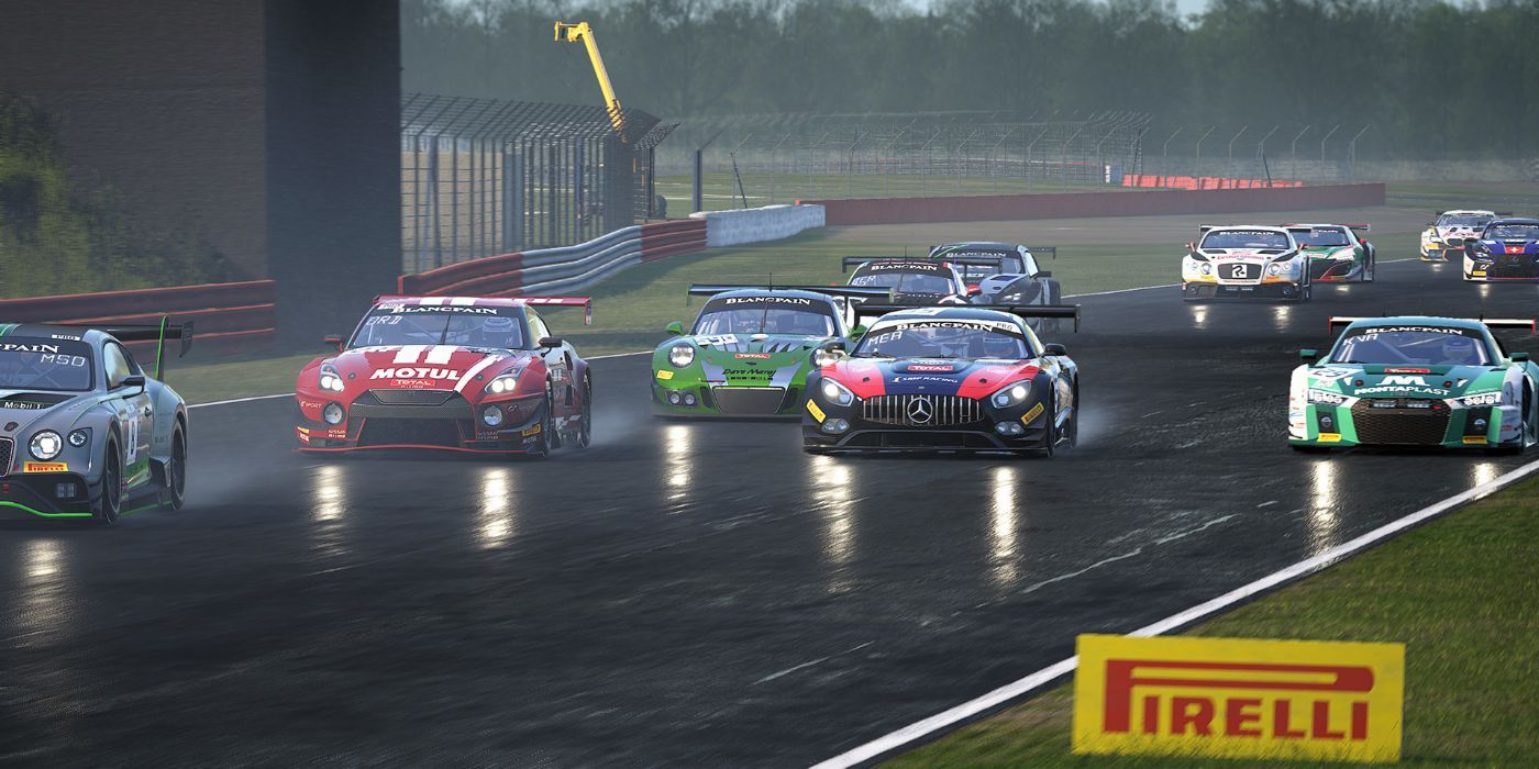 Cars ranging from Nissans to Mercedes race in the rain in Assetto Corsa Competizione