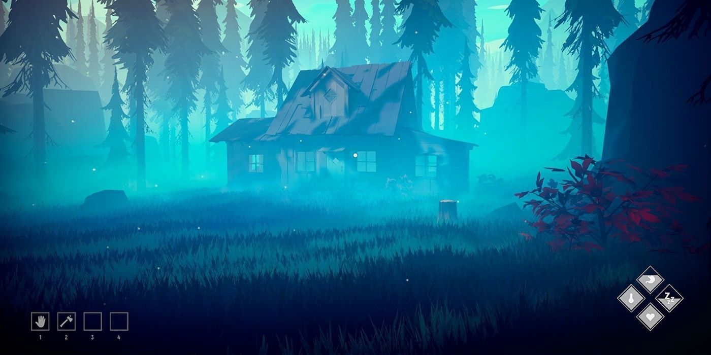 Among Trees - Wooden cabin in the middle of a foggy blue forest