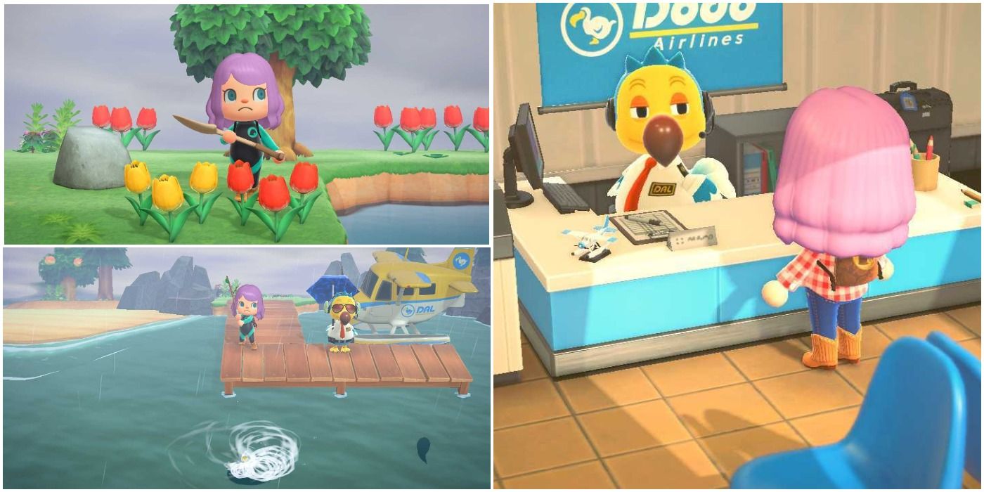 Animal Crossing New Horizons Dodo Airlines Fishing Digging Tulips Mystery Island Tour split image