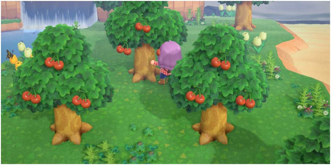 Animal Crossing New Horizons Mystery Island Tour Cherry Trees Villager Collecting Fruit