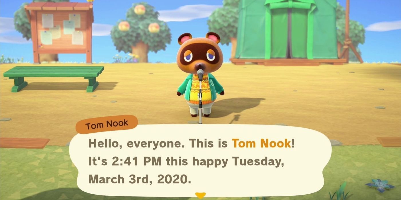Animal Crossing Tom Nook Making Announcements At Resident Services Tent on March 3rd