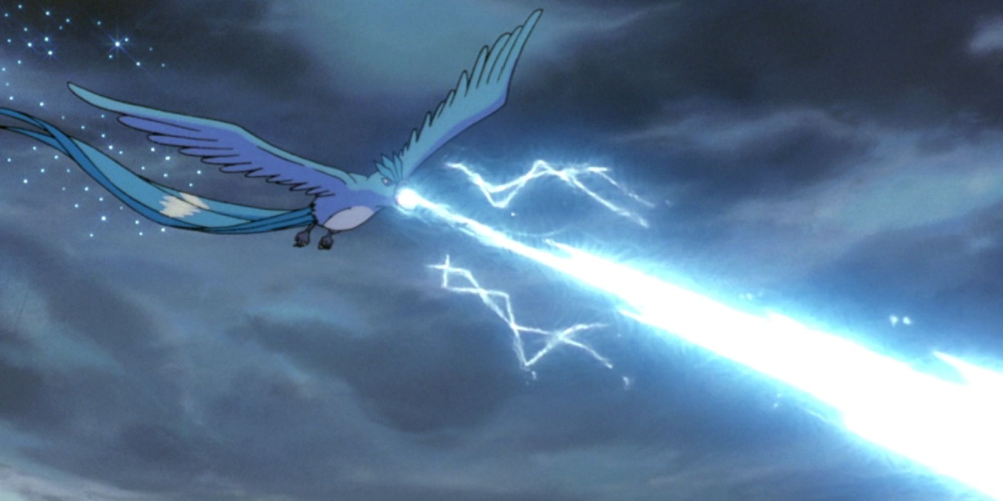 Articuno uses Ice Beam while it flies through the sky in the Pokemon 2000 movie.