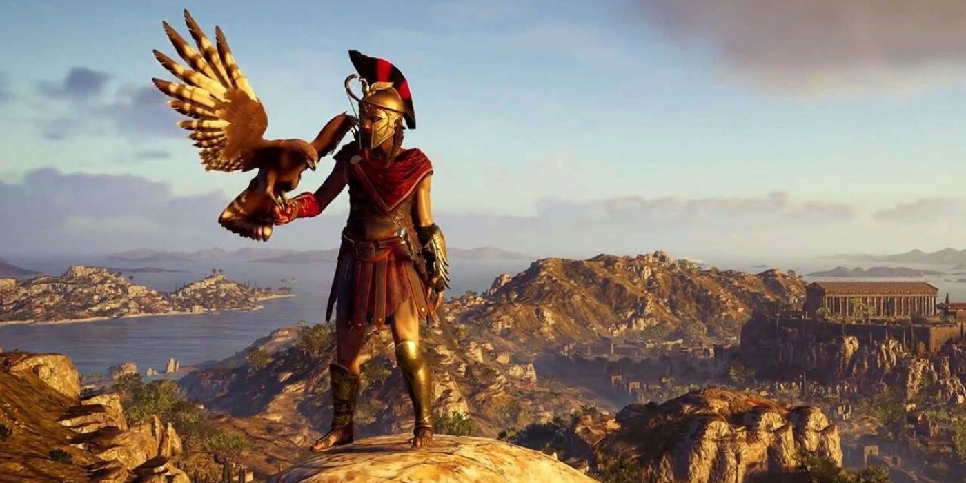 Assassin's Creed Odyssey Kassandra holding Icaros (Eagle) while standing on a mountain..