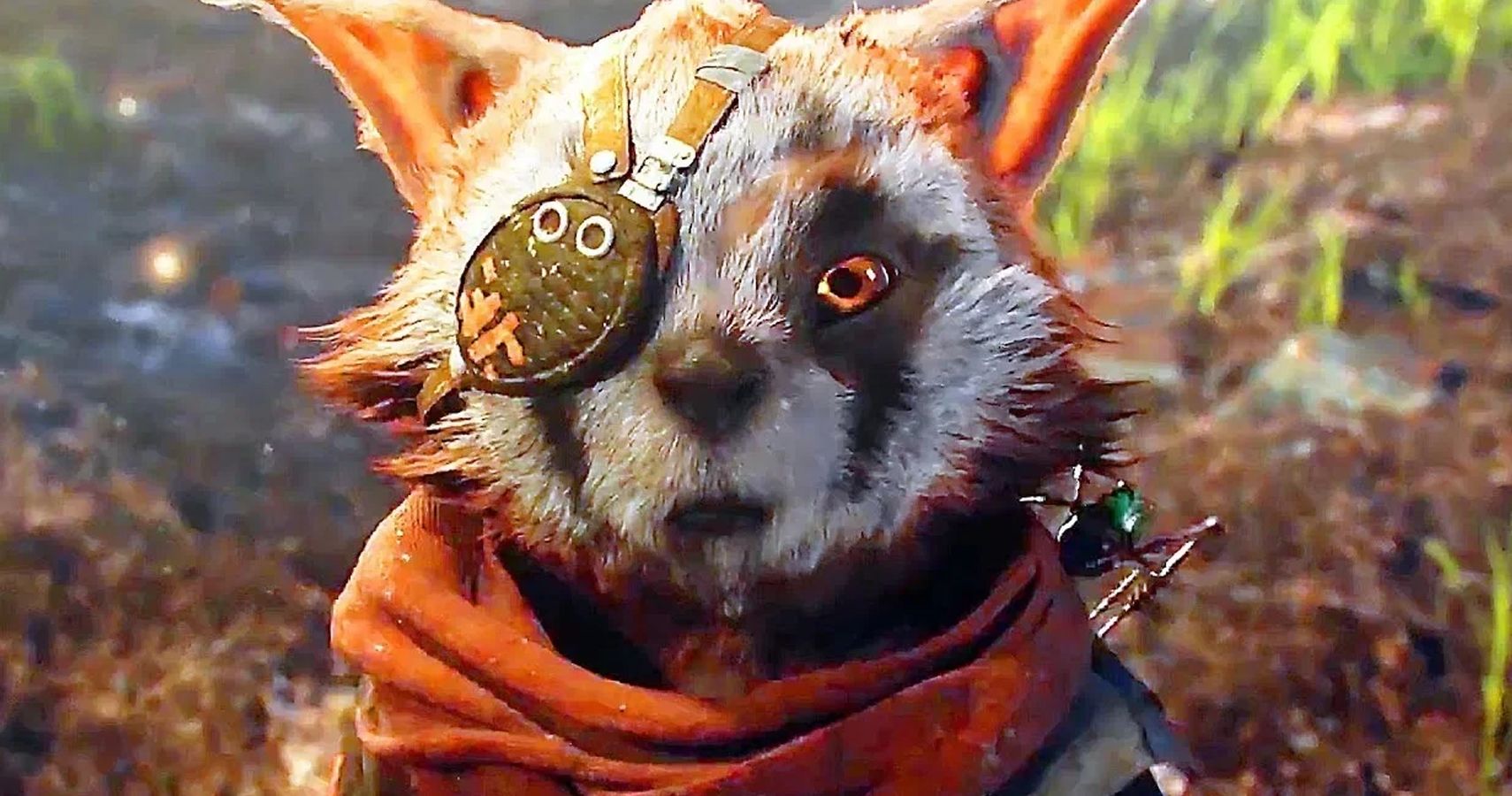 A shot from the game Biomutant, showing a racoon like player character